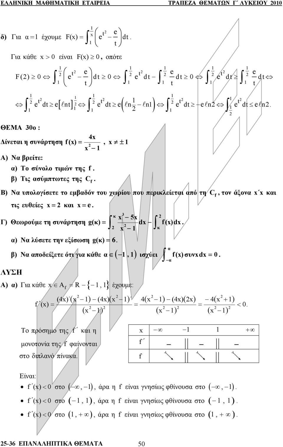 Θεωρύμε τη συνάρτηση = ) Ν λύσετε την εξίσωση g(κ) =6 β) Ν πδείξετε ότι γι κάθε (,) = έχυμε: Α) ) Γι κάθε A R {,} ισχύει () συνd = ( ) ( ) ( ) ( + ) (4) (4) 4 (4) 4 () = = = < Τ πρόσημ της κι η