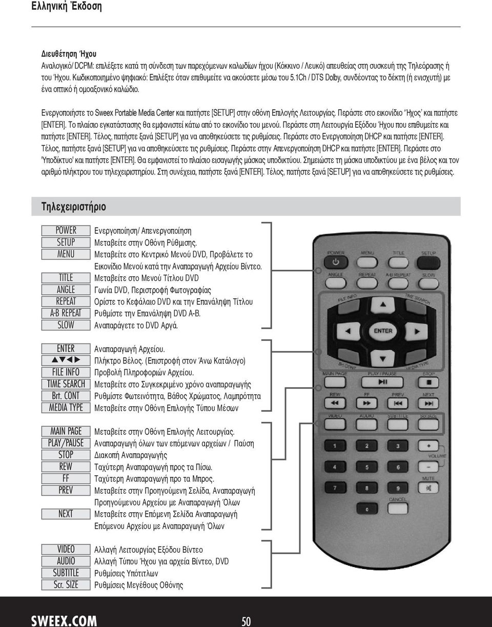 Ενεργοποιήστε το Sweex Portable Media Center και πατήστε [SETUP] στην οθόνη Επιλογής Λειτουργίας. Περάστε στο εικονίδιο Ήχος και πατήστε [ENTER].