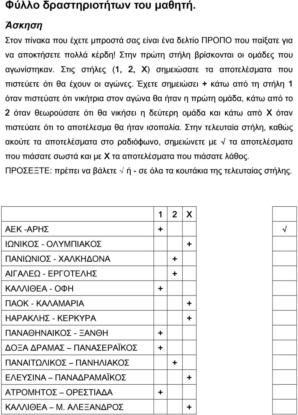 Έχετε σημειώσει + κάτω από τη στήλη 1 όταν πιστεύατε ότι νικήτρια στον αγώνα θα ήταν η πρώτη ομάδα, κάτω από το 2 όταν θεωρούσατε ότι θα νικήσει η δεύτερη ομάδα και κάτω από Χ όταν πιστεύατε ότι το