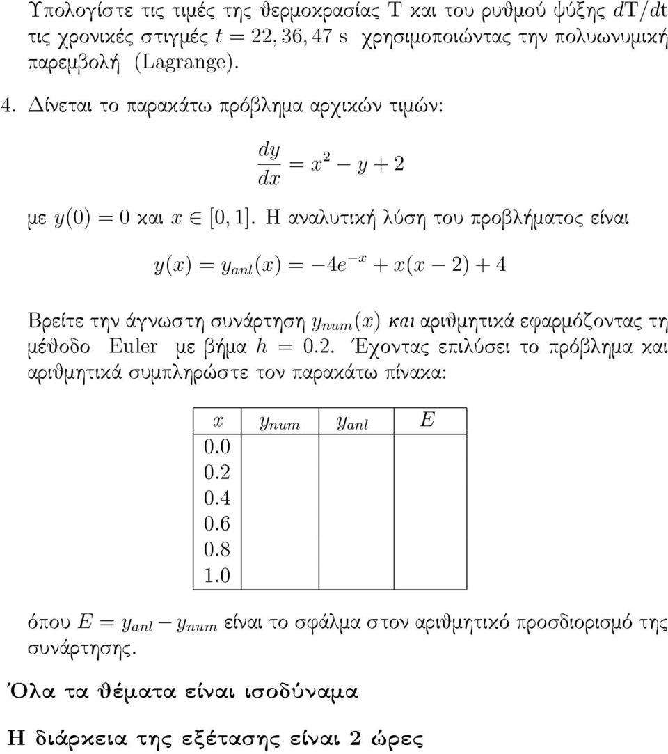 H analutik lôsh tou probl matoc eðnai y(x) = y anl (x) = 4e x + x(x ) + 4 BreÐte thn ˆgnwsth sunˆrthsh y num (x) kai arijmhtikˆ efarmìzontac th mèjodo Euler me b