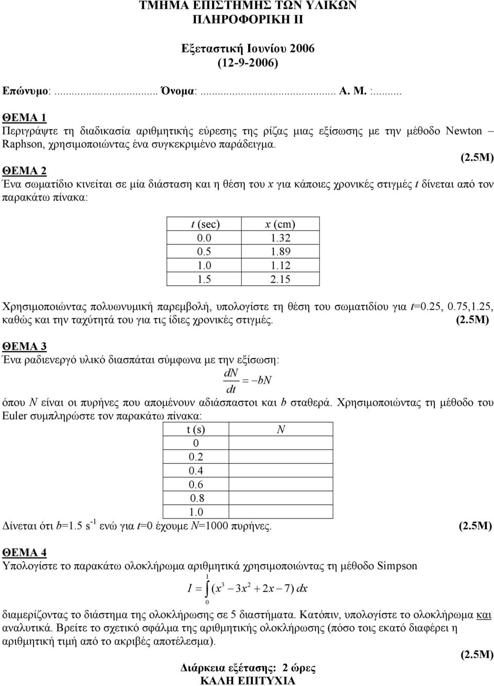 ΘΕΜΑ Ένα σωματίδιο κινείται σε μία διάσταση και η θέση του x για κάποιες χρονικές στιγμές t δίνεται από τον παρακάτω πίνακα: t (sec) x (cm). 1.3.5 