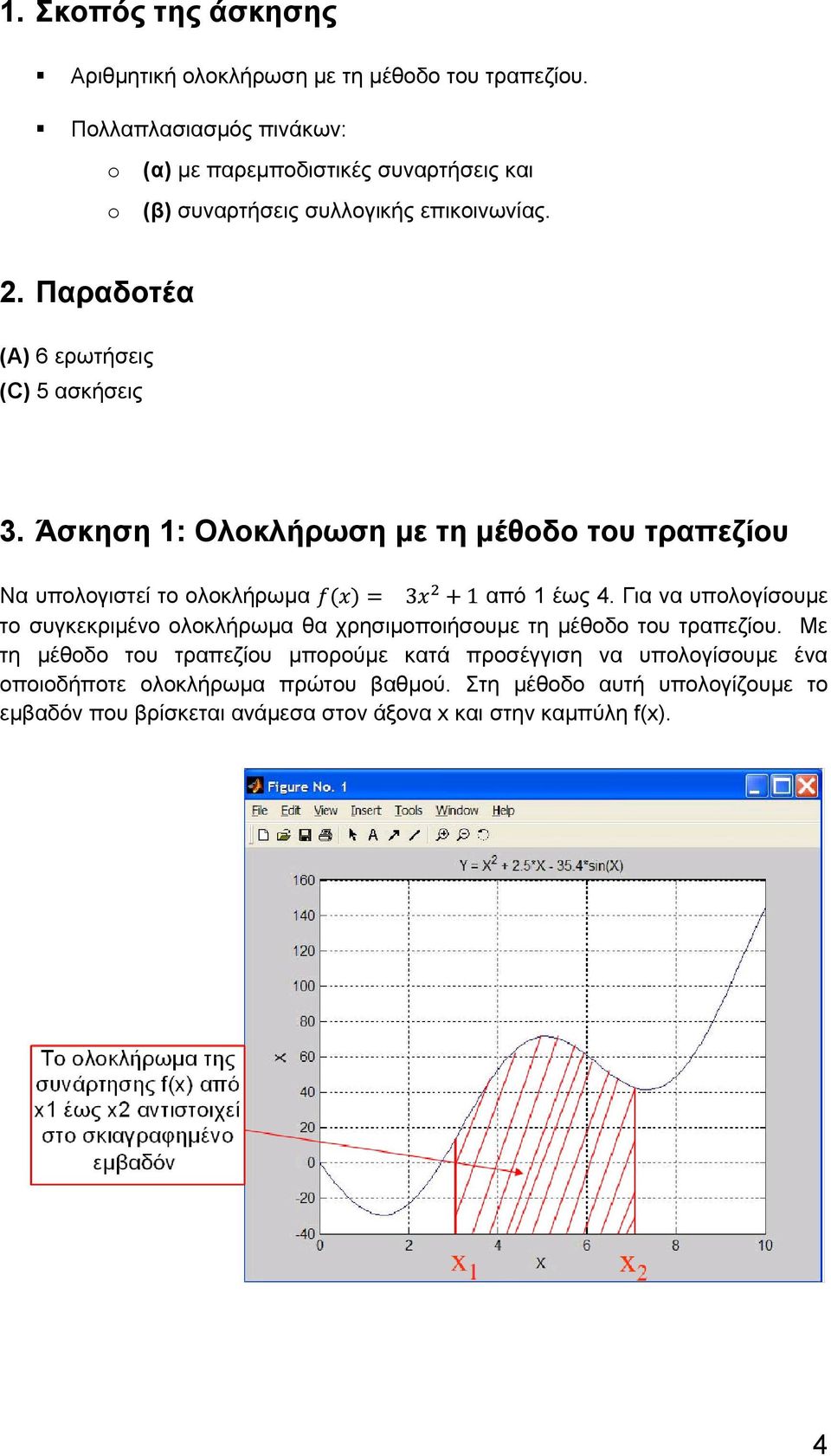 Άσκηση 1: Ολοκλήρωση με τη μέθοδο του τραπεζίου Να υπολογιστεί το ολοκλήρωμα από 1 έως 4.