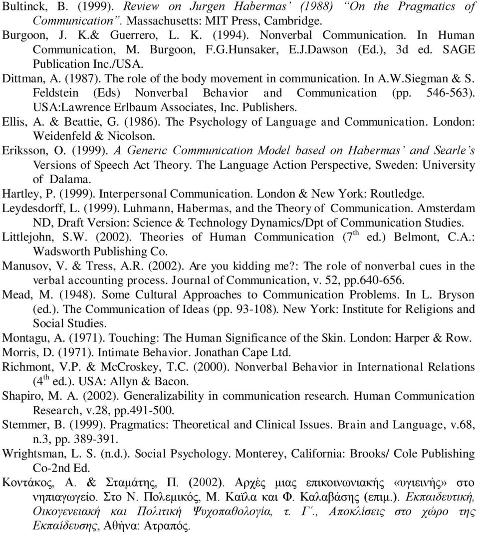 Feldstein (Eds) Nonverbal Behavior and Communication (pp. 546-563). USA:Lawrence Erlbaum Associates, Inc. Publishers. Ellis, A. & Beattie, G. (1986). The Psychology of Language and Communication.
