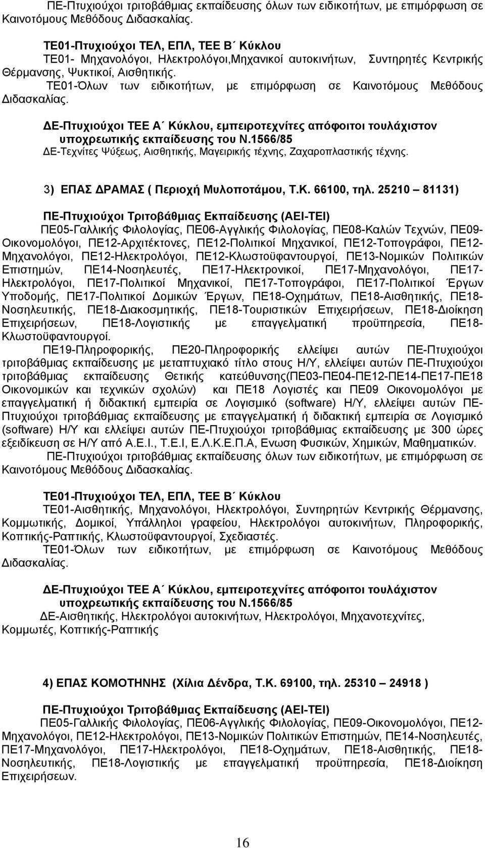 25210 81131) ΠΕ05-Γαλλικής Φιλολογίας, ΠΕ06-Αγγλικής Φιλολογίας, ΠΕ08-Καλών Τεχνών, ΠΕ09- Οικονομολόγοι, ΠΕ12-Αρχιτέκτονες, ΠΕ12-Πολιτικοί Μηχανικοί, ΠΕ12-Τοπογράφοι, ΠΕ12- Μηχανολόγοι,