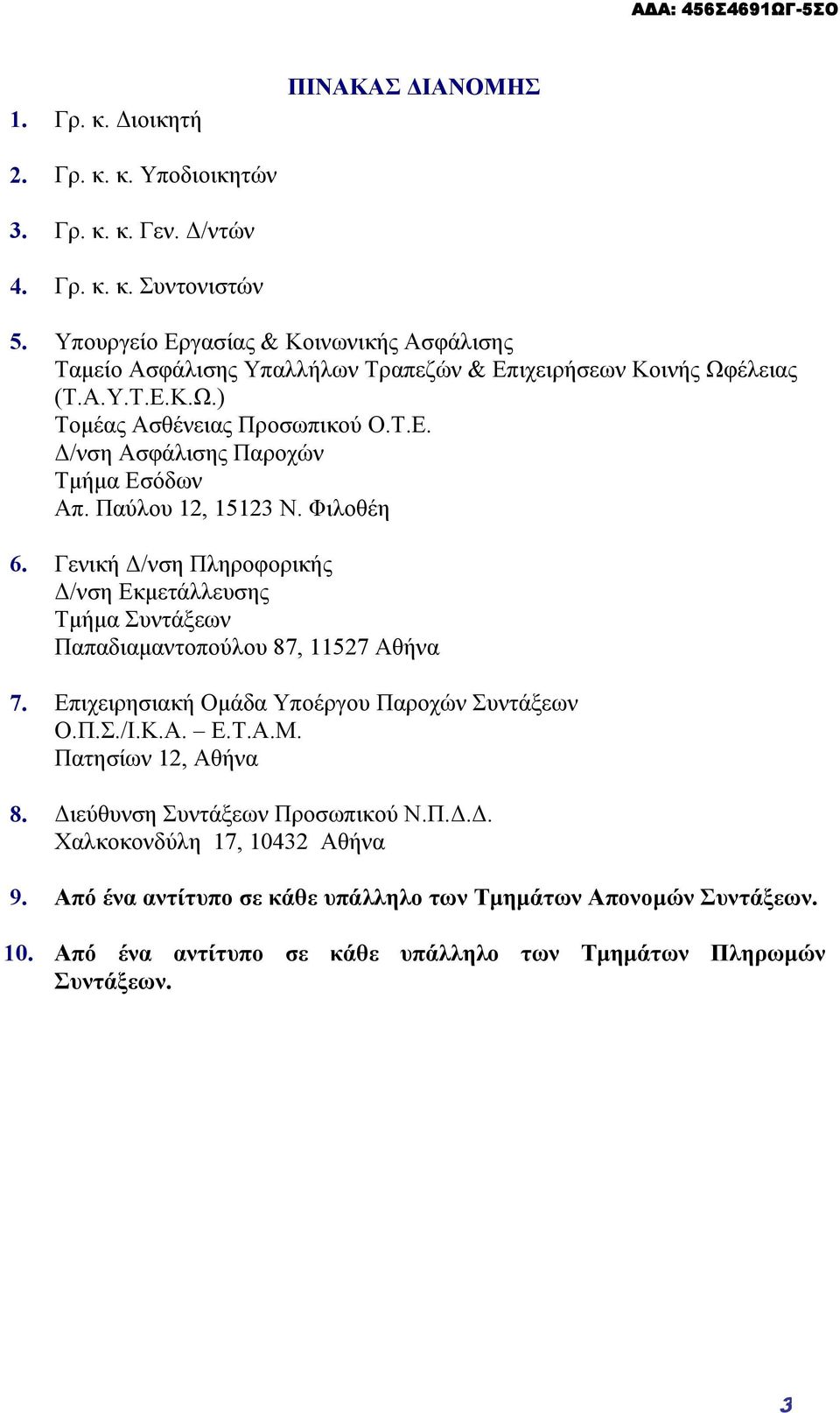 Παύλου 12, 15123 Ν. Φιλοθέη 6. Γενική Δ/νση Πληροφορικής Δ/νση Εκμετάλλευσης Τμήμα Συντάξεων Παπαδιαμαντοπούλου 87, 11527 Αθήνα 7. Επιχειρησιακή Ομάδα Υποέργου Παροχών Συντάξεων Ο.Π.Σ./Ι.