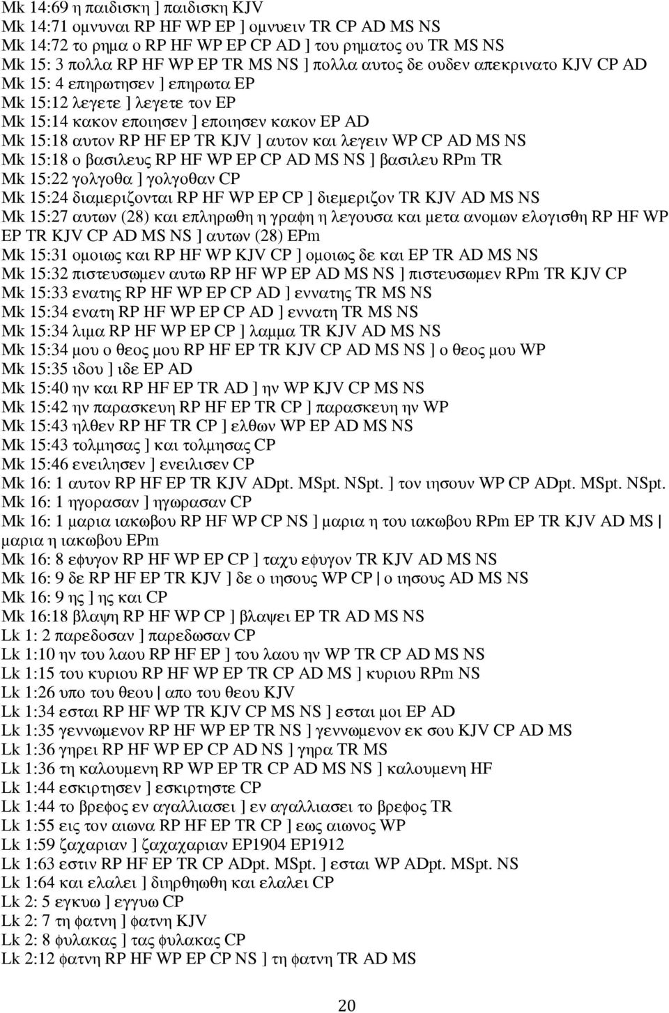 WP CP AD MS NS Mk 15:18 ο βασιλευς RP HF WP EP CP AD MS NS ] βασιλευ RPm TR Mk 15:22 γολγοθα ] γολγοθαν CP Mk 15:24 διαμεριζονται RP HF WP EP CP ] διεμεριζον TR KJV AD MS NS Mk 15:27 αυτων (28) και