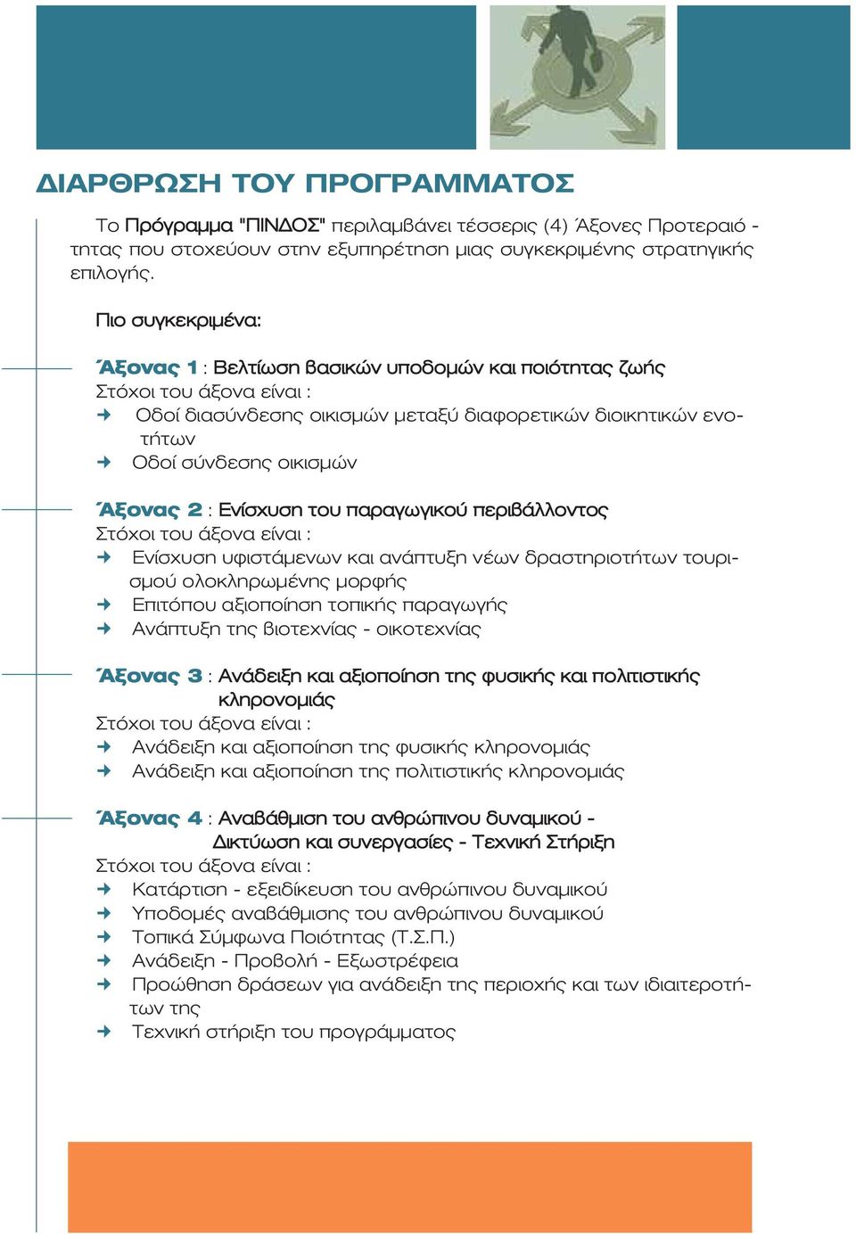 Πιο συ γκε κρι μέ να: Ά ξο νας 1 : Βελ τί ω ση βα σι κών υ πο δο μών και ποιό τη τας ζω ής Στό χοι του ά ξο να εί ναι : Ο δοί δια σύν δε σης οι κι σμών με τα ξύ δια φο ρε τι κών διοι κη τι κών ε νοτή