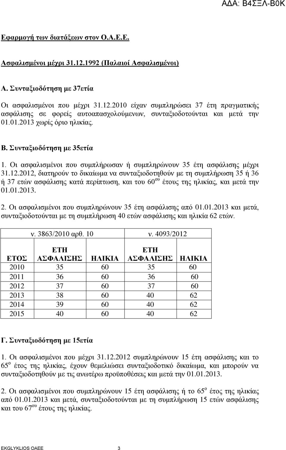 2012, δηαηεξνύλ ην δηθαίωκα λα ζπληαμηνδνηεζνύλ κε ηε ζπκπιήξωζε 35 ή 36 ή 37 εηώλ αζθάιηζεο θαηά πεξίπηωζε, θαη ηνπ 60 νπ έηνπο ηεο ειηθίαο, θαη κεηά ηελ 01.01.2013. 2.