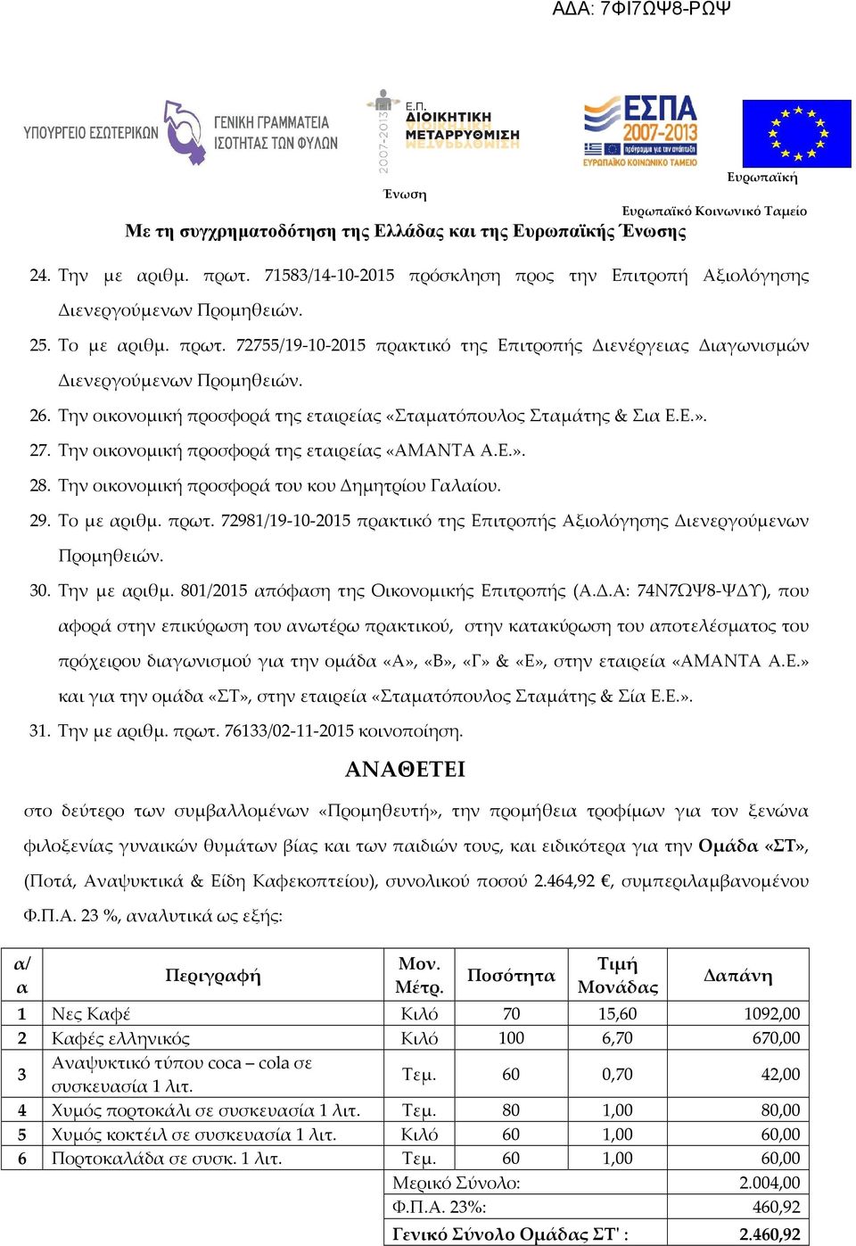 Το με αριθμ. πρωτ. 72981/19-10-2015 πρακτικό της Επιτροπής Αξιολόγησης Δι