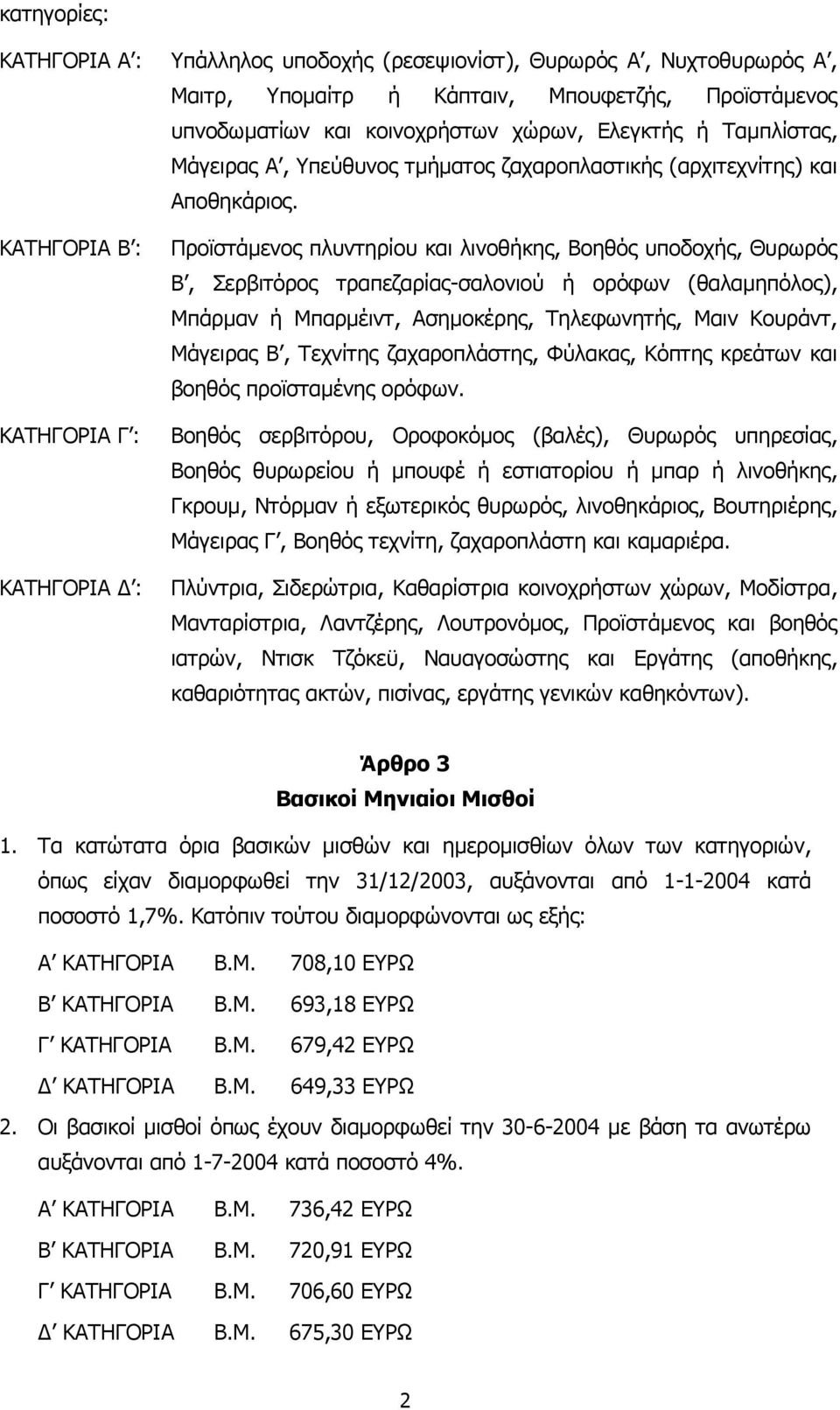 Προϊστάµενος πλυντηρίου και λινοθήκης, Βοηθός υποδοχής, Θυρωρός Β, Σερβιτόρος τραπεζαρίας-σαλονιού ή ορόφων (θαλαµηπόλος), Μπάρµαν ή Μπαρµέιντ, Ασηµοκέρης, Τηλεφωνητής, Μαιν Κουράντ, Μάγειρας Β,