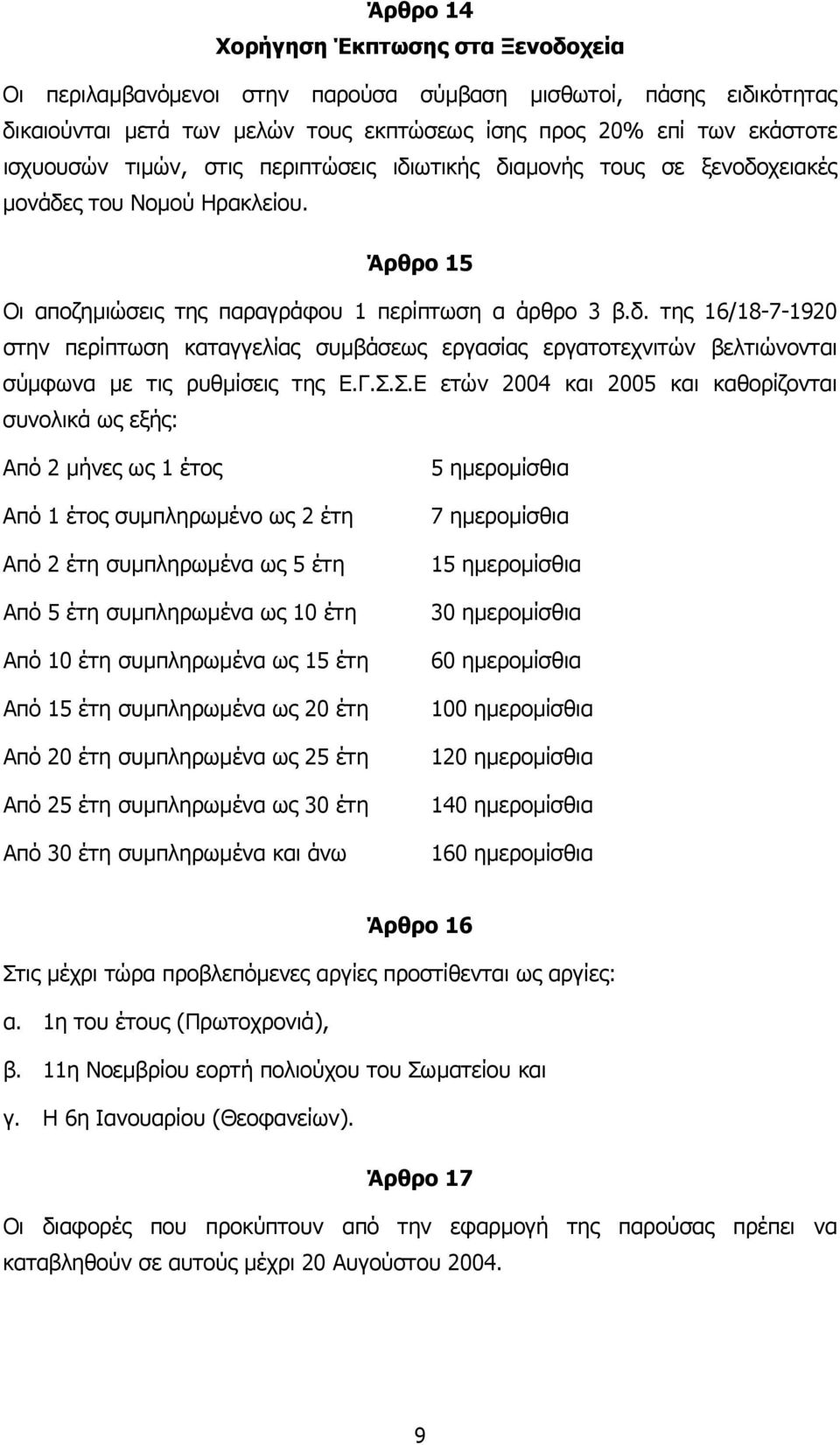 Γ.Σ.Σ.Ε ετών 2004 και 2005 και καθορίζονται συνολικά ως εξής: Από 2 µήνες ως 1 έτος Από 1 έτος συµπληρωµένο ως 2 έτη Από 2 έτη συµπληρωµένα ως 5 έτη Από 5 έτη συµπληρωµένα ως 10 έτη Από 10 έτη