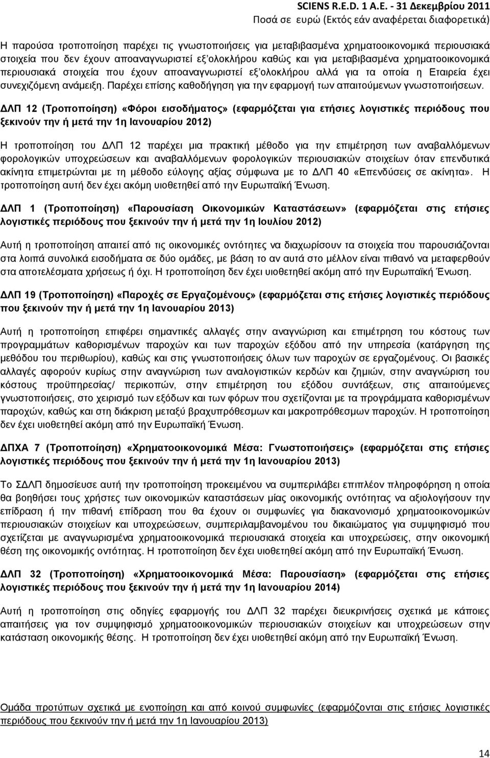 ΔΛΠ 12 (Τροποποίηση) «Φόροι εισοδήματος» (εφαρμόζεται για ετήσιες λογιστικές περιόδους που ξεκινούν την ή μετά την 1η Ιανουαρίου 2012) Η τροποποίηση του ΔΛΠ 12 παρέχει μια πρακτική μέθοδο για την