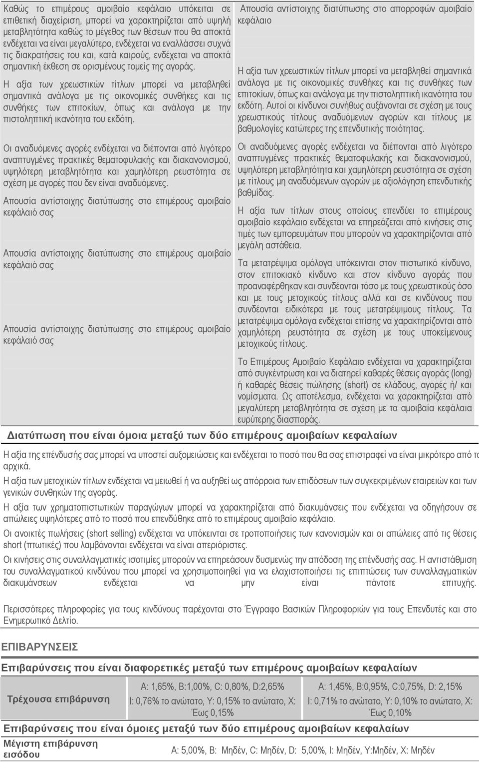 Η αξία των χρεωστικών τίτλων µπορεί να µεταβληθεί σηµαντικά ανάλογα µε τις οικονοµικές συνθήκες και τις συνθήκες των επιτοκίων, όπως και ανάλογα µε την πιστοληπτική ικανότητα του εκδότη.