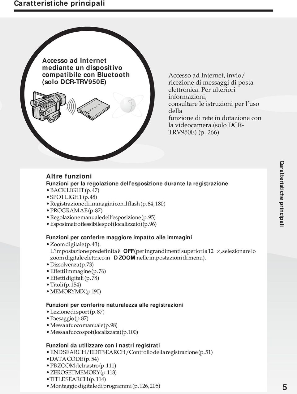 266) Altre funzioni Funzioni per la regolazione dell esposizione durante la registrazione BACK LIGHT (p. 47) SPOT LIGHT (p. 48) Registrazione di immagini con il flash (p. 64, 180) PROGRAM AE (p.