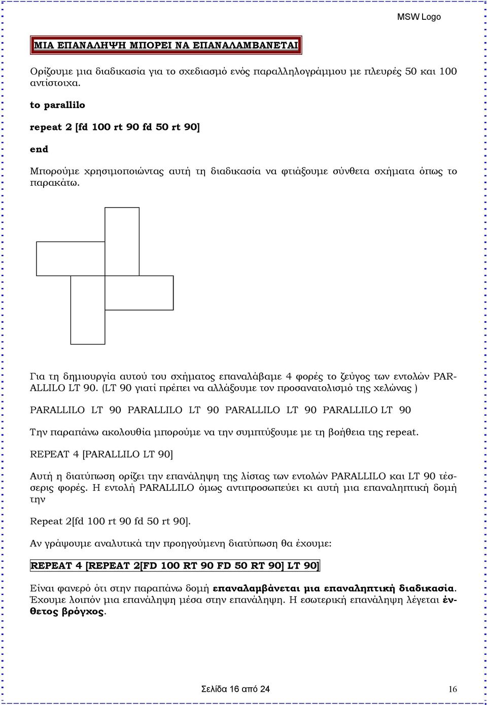 Για τη δημιουργία αυτού του σχήματος επαναλάβαμε 4 φορές το ζεύγος των εντολών PAR- ALLILO LT 90.