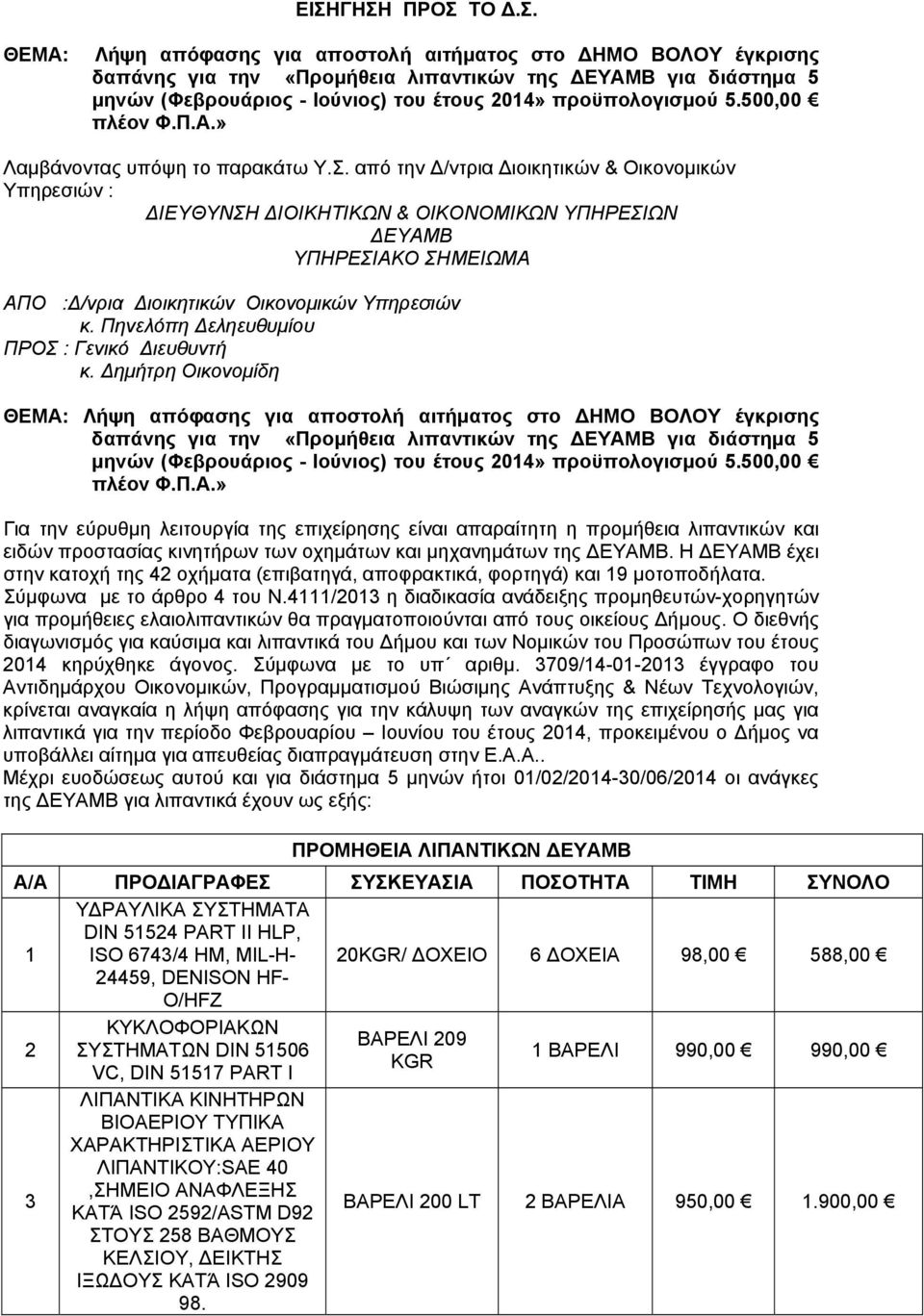 από την Δ/ντρια Διοικητικών & Οικονομικών Υπηρεσιών : ΔΙΕΥΘΥΝΣΗ ΔΙΟΙΚΗΤΙΚΩΝ & ΟΙΚΟΝΟΜΙΚΩΝ ΥΠΗΡΕΣΙΩΝ ΔΕΥΑΜΒ ΥΠΗΡΕΣΙΑΚΟ ΣΗΜΕΙΩΜΑ ΑΠO :Δ/νρια Διοικητικών Οικονομικών Υπηρεσιών κ.