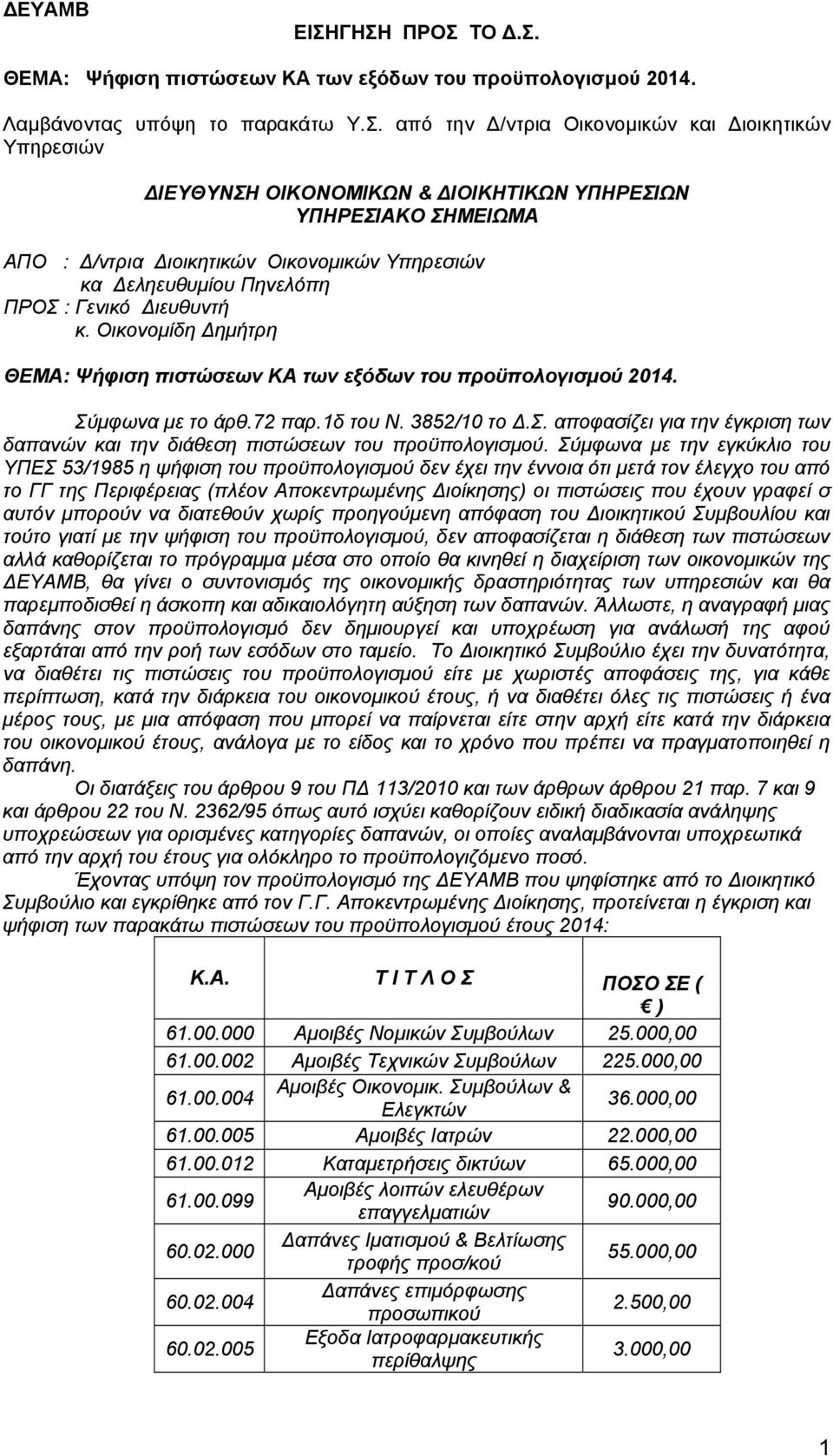 ΔΙΟΙΚΗΤΙΚΩΝ ΥΠΗΡΕΣΙΩΝ ΥΠΗΡΕΣΙΑΚΟ ΣΗΜΕΙΩΜΑ ΑΠΟ : Δ/ντρια Διοικητικών Οικονομικών Υπηρεσιών κα Δεληευθυμίου Πηνελόπη ΠΡΟΣ : Γενικό Διευθυντή κ.