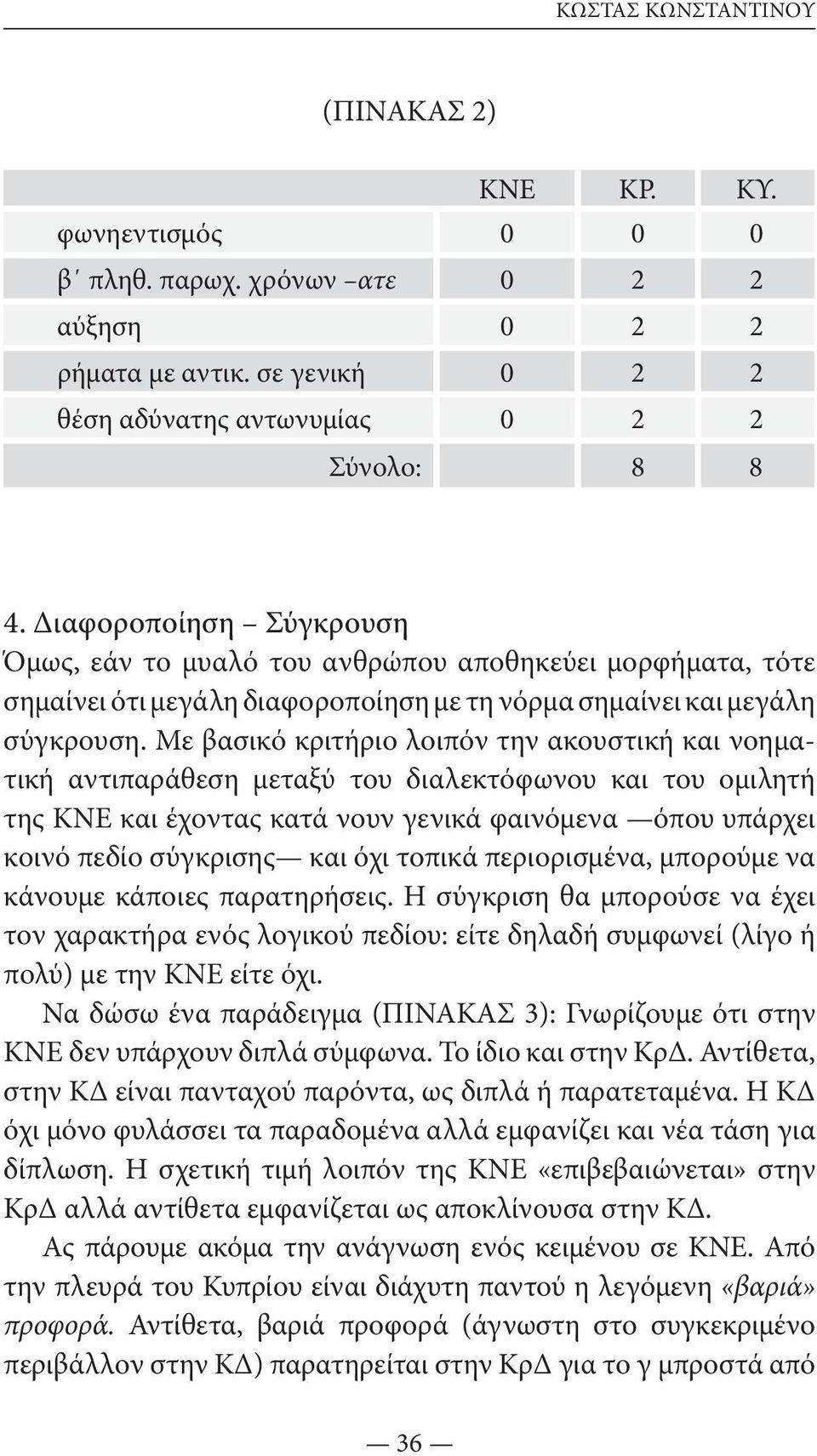 Με βασικό κριτήριο λοιπόν την ακουστική και νοηματική αντιπαράθεση μεταξύ του διαλεκτόφωνου και του ομιλητή της ΚΝΕ και έχοντας κατά νουν γενικά φαινόμενα όπου υπάρχει κοινό πεδίο σύγκρισης και όχι