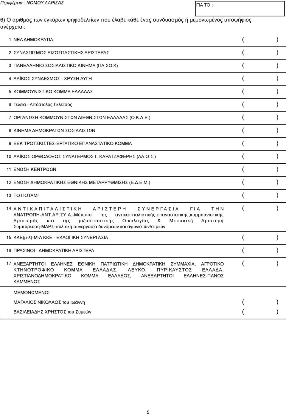 ΚΑΡΑΤΖΑΦΕΡΗΣ (ΛΑ.Ο.Σ.) ΕΝΩΣΗ ΚΕΝΤΡΩΩΝ ΕΝΩΣΗ ΔΗΜΟΚΡΑΤΙΚΗΣ ΕΘΝΙΚΗΣ ΜΕΤΑΡΡΥΘΜΙΣΗΣ (Ε.Δ.Ε.Μ.) ΤΟ ΠΟΤΑΜΙ Α Ν Τ Ι Κ Α Π Ι Τ Α Λ Ι Σ Τ Ι Κ Η Α Ρ Ι Σ Τ Ε Ρ Η Σ Υ Ν Ε Ρ Γ Α Σ Ι Α Γ Ι Α Τ Η Ν ΑΝΑΤΡΟΠΗ-ΑΝΤ.ΑΡ.ΣΥ.