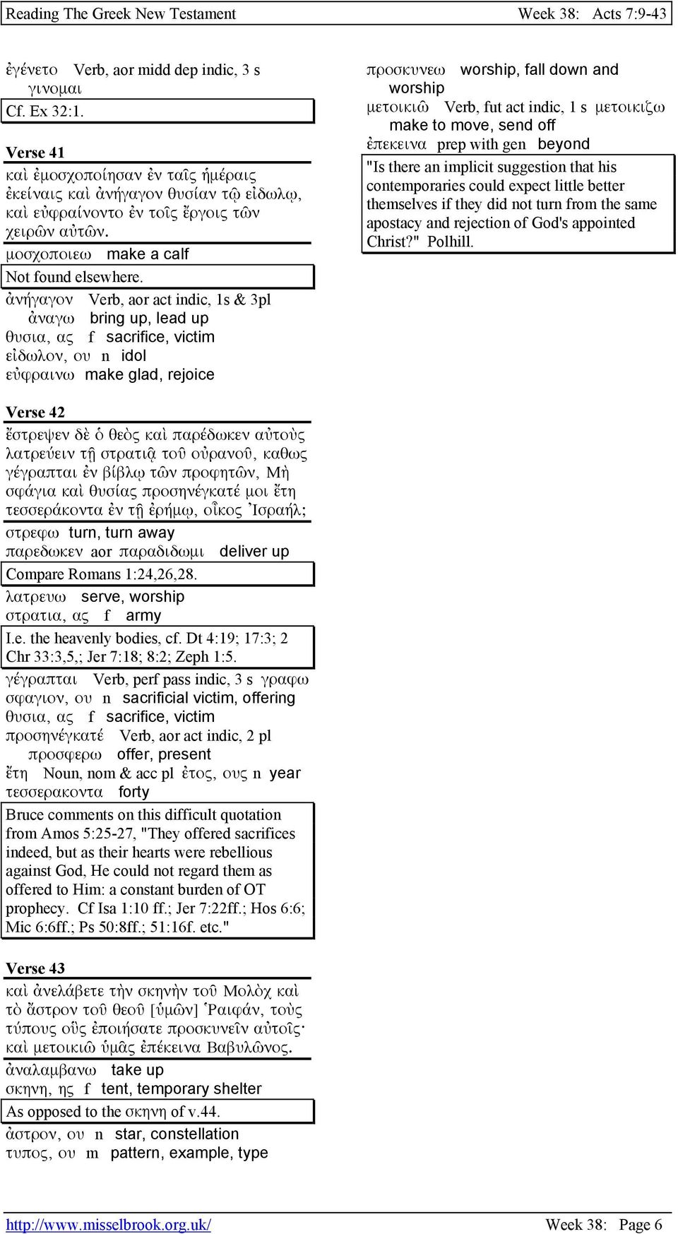 ἀνήγαγον Verb, aor act indic, 1s & 3pl ἀναγω bring up, lead up θυσια, ας f sacrifice, victim εἰδωλον, ου n idol εὐφραινω make glad, rejoice προσκυνεω worship, fall down and worship µετοικιῶ Verb, fut