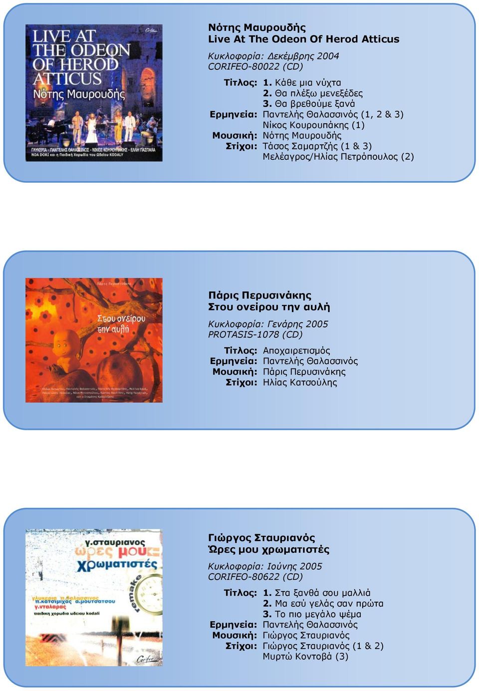 ηελ απιή Κσκλοφορία: Γενάρης 2005 PROTASIS-1078 (CD) Ρίηινο: Απνραηξεηηζκόο Κνπζηθή: Ξάξηο Ξεξπζηλάθεο Πηίρνη: Ζιίαο Θαηζνύιεο Γηώξγνο Πηαπξηαλόο Ώξεο κνπ ρξσκαηηζηέο