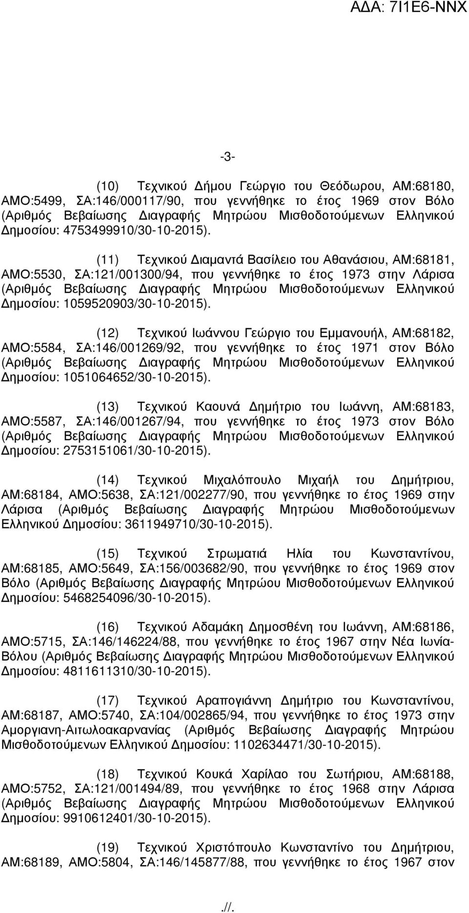 (12) Τεχνικού Ιωάννου Γεώργιο του Εµµανουήλ, ΑΜ:68182, ΑΜΟ:5584, ΣΑ:146/001269/92, που γεννήθηκε το έτος 1971 στον Βόλο ηµοσίου: 1051064652/30-10-2015).