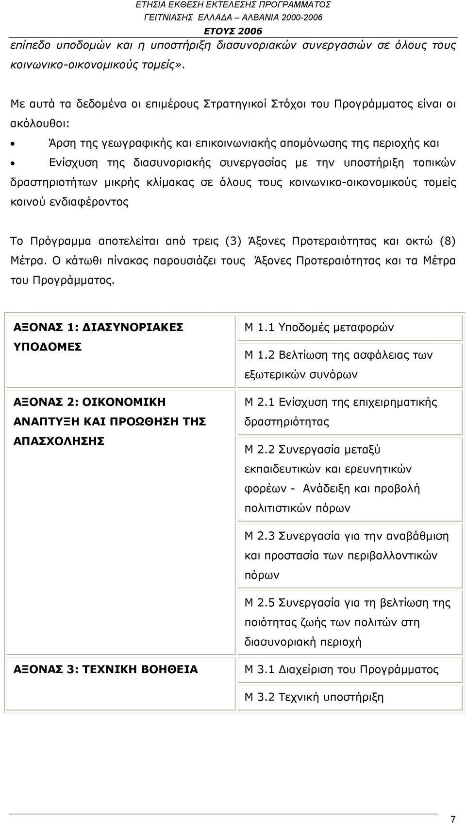 την υποστήριξη τοπικών δραστηριοτήτων μικρής κλίμακας σε όλους τους κοινωνικο-οικονομικούς τομείς κοινού ενδιαφέροντος Το Πρόγραμμα αποτελείται από τρεις (3) Άξονες Προτεραιότητας και οκτώ (8) Μέτρα.