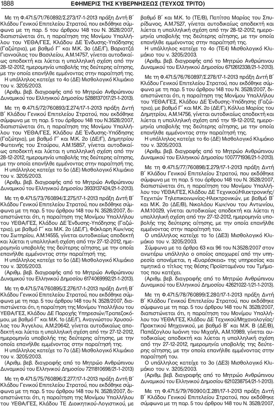 Με τη Φ.471.5/72/760893/Σ.274/17 1 2013 πράξη Δντή διαπιστώνεται ότι, η παραίτηση της Μονίμου Υπαλλή λου του ΥΕΘΑ/ΓΕΣ, Κλάδου ΔΕ Ένδυσης Υπόδησης (Γαζώτρια), με βαθμό Γ και Μ.Κ. 2ο (ΔΕ/Γ), Δημητρίου Φωτεινής του Σταύρου, Α.