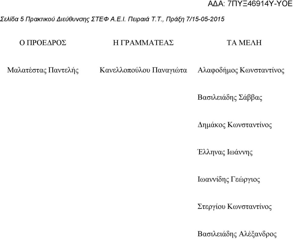 Τ., Πράξη 7/15-05-2015 Ο ΠΡΟΕ ΡΟΣ Η ΓΡΑΜΜΑΤΕΑΣ ΤΑ ΜΕΛΗ Μαλατέστας