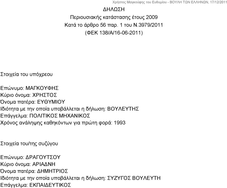 Ιδιότητα με την οποία υποβάλλεται η δήλωση: ΒΟΥΛΕΥΤΗΣ Επάγγελμα: ΠΟΛΙΤΙΚΟΣ ΜΗΧΑΝΙΚΟΣ Χρόνος ανάληψης καθηκόντων για πρώτη