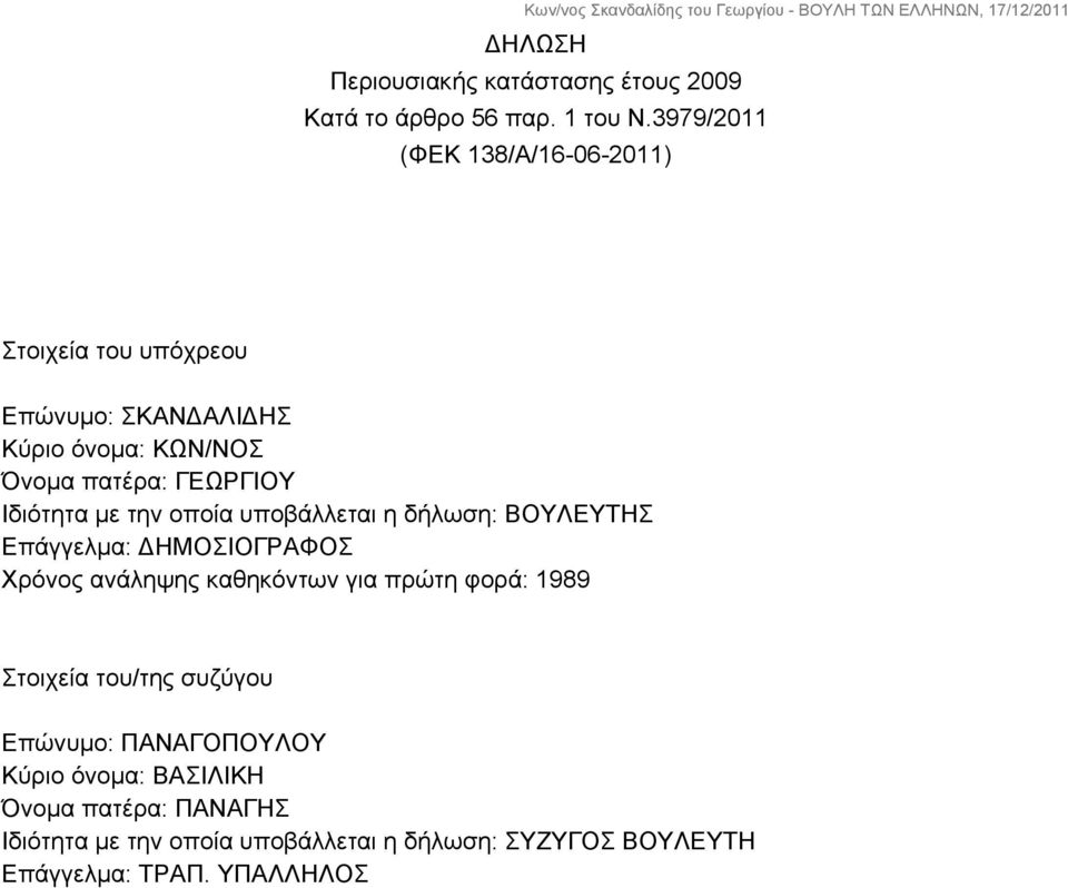 Ιδιότητα με την οποία υποβάλλεται η δήλωση: ΒΟΥΛΕΥΤΗΣ Επάγγελμα: ΔΗΜΟΣΙΟΓΡΑΦΟΣ Χρόνος ανάληψης καθηκόντων για πρώτη φορά: