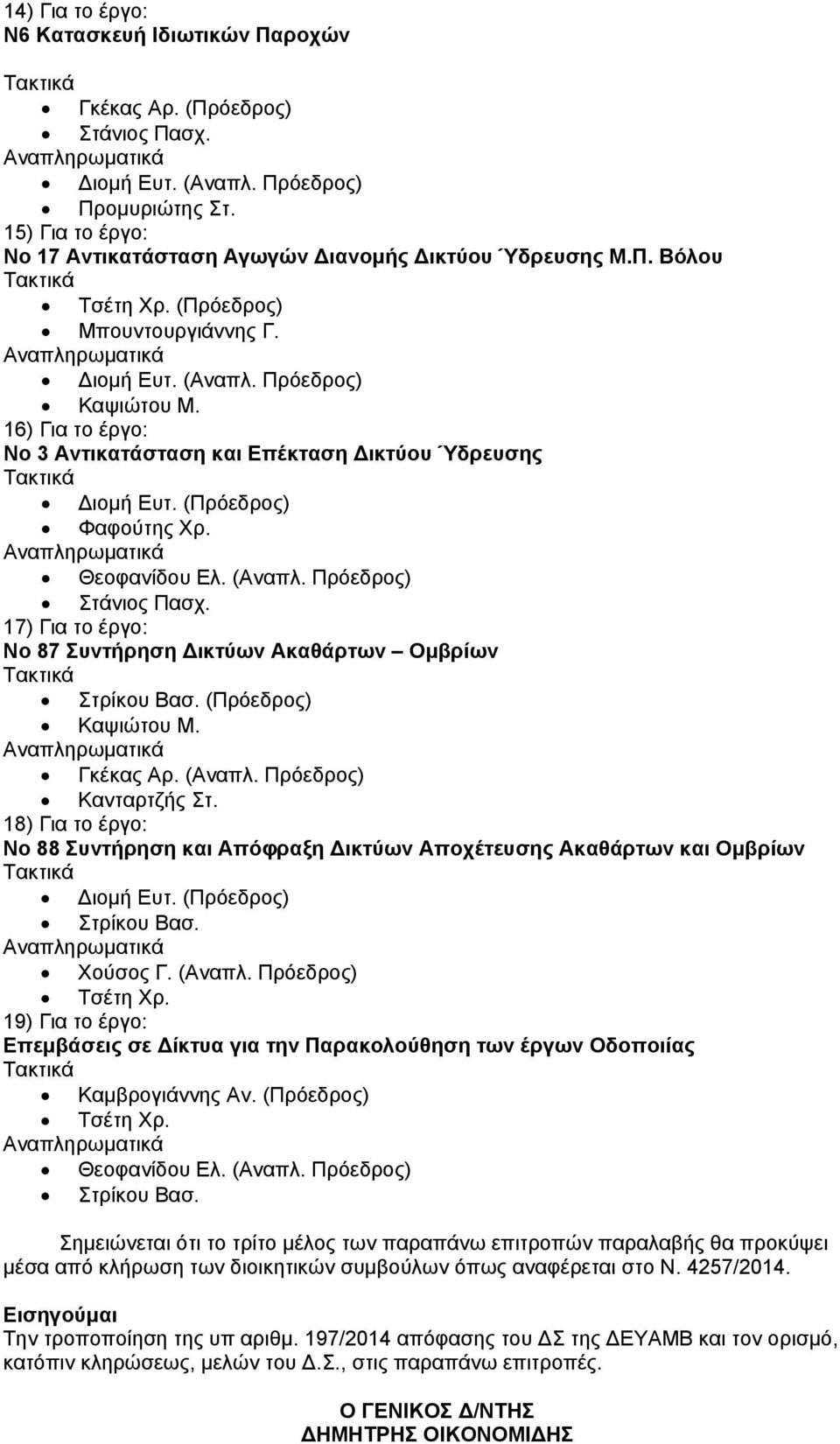 16) Για το έργο: Νο 3 Αντικατάσταση και Επέκταση Δικτύου Ύδρευσης Τακτικά Διομή Ευτ. (Πρόεδρος) Φαφούτης Χρ. Αναπληρωματικά Θεοφανίδου Ελ. (Αναπλ. Πρόεδρος) Στάνιος Πασχ.