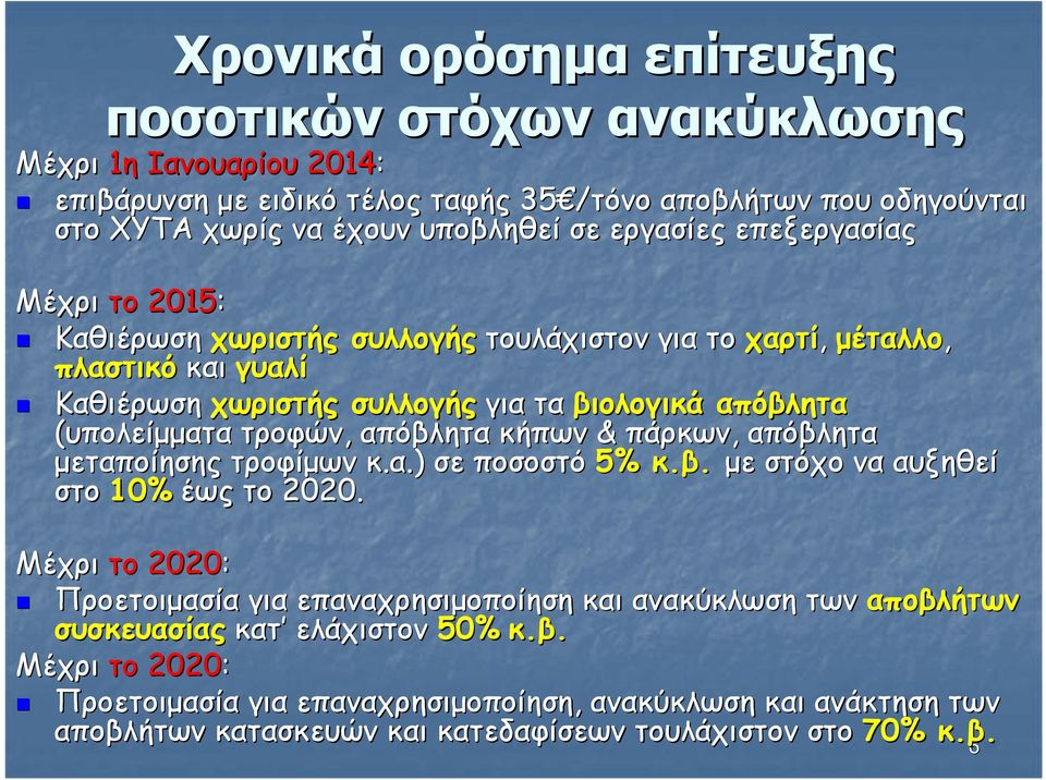 τροφών, απόβλητα κήπων & πάρκων, απόβλητα µεταποίησης τροφίµων κ.α.).) σε ποσοστό 5% κ.β. µε στόχο να αυξηθεί στο 10% έως το 2020.