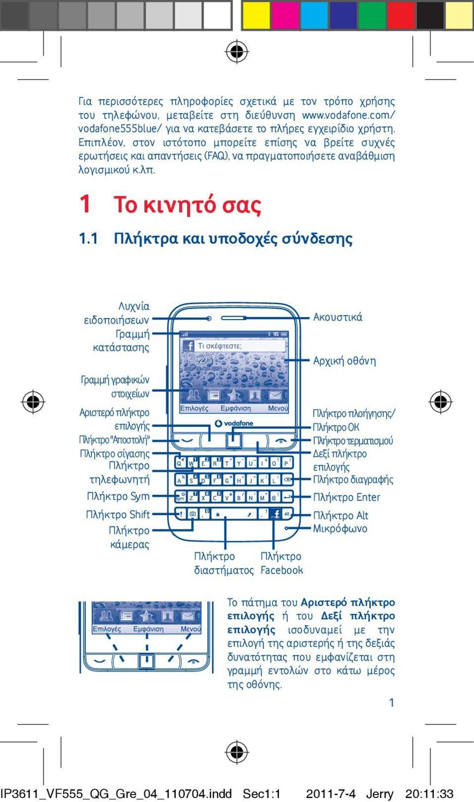 1 Το κινητό σας Πλήκτρα και υποδοχές σύνδεσης Λυχνία ειδοποιήσεων Γραμμή κατάστασης Γραμμή γραφικών στοιχείων Αριστερό πλήκτρο επιλογής Πλήκτρο "Αποστολή" Πλήκτρο σίγασης Πλήκτρο τηλεφωνητή Πλήκτρο