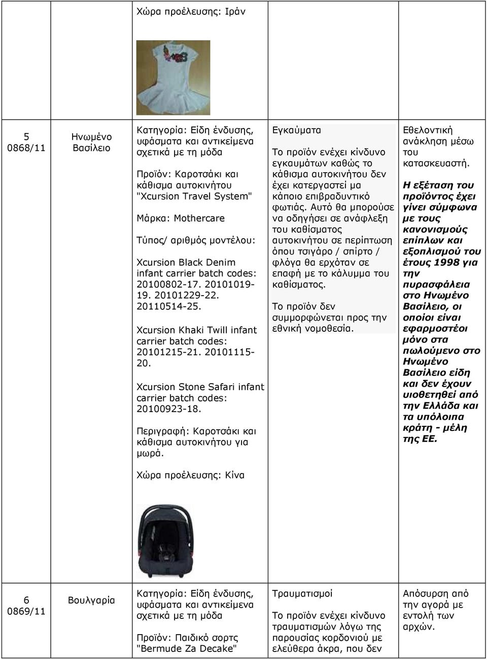Xcursion Stone Safari infant carrier batch codes: 20100923-18. Περιγραφή: Καροτσάκι και κάθισµα αυτοκινήτου για µωρά.
