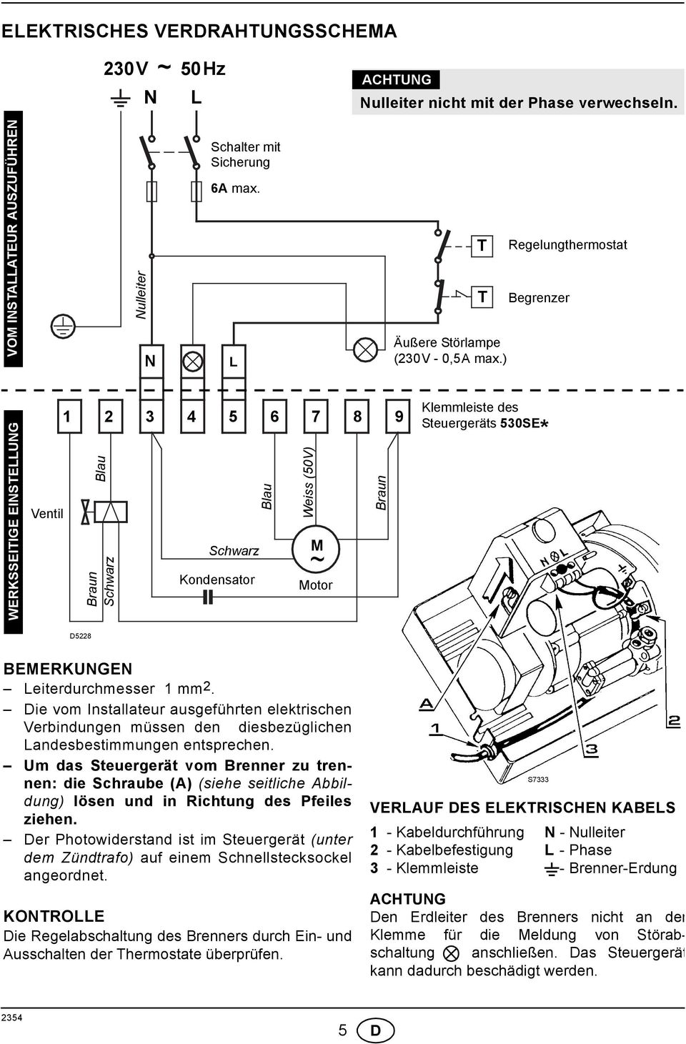 L 3 4 5 6 7 8 9 Blau Braun Schwarz Schwarz Kondensator Blau Weiss (50V) M ~ Motor Braun T T Äußere Störlampe (30V - 0,5A max.