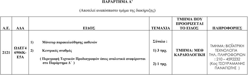 παρακολούθησης ασθενών 2) Κεντρικός σταθμός ( Περιγραφή Τεχνικών Προδιαγραφών όπως αναλυτικά αναφέρονται