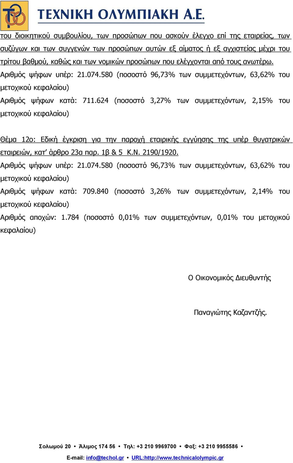 624 (ποσοστό 3,27% των συμμετεχόντων, 2,15% του Θέμα 12ο: Εδική έγκριση για την παροχή εταιρικής εγγύησης της υπέρ θυγατρικών εταιρειών, κατ