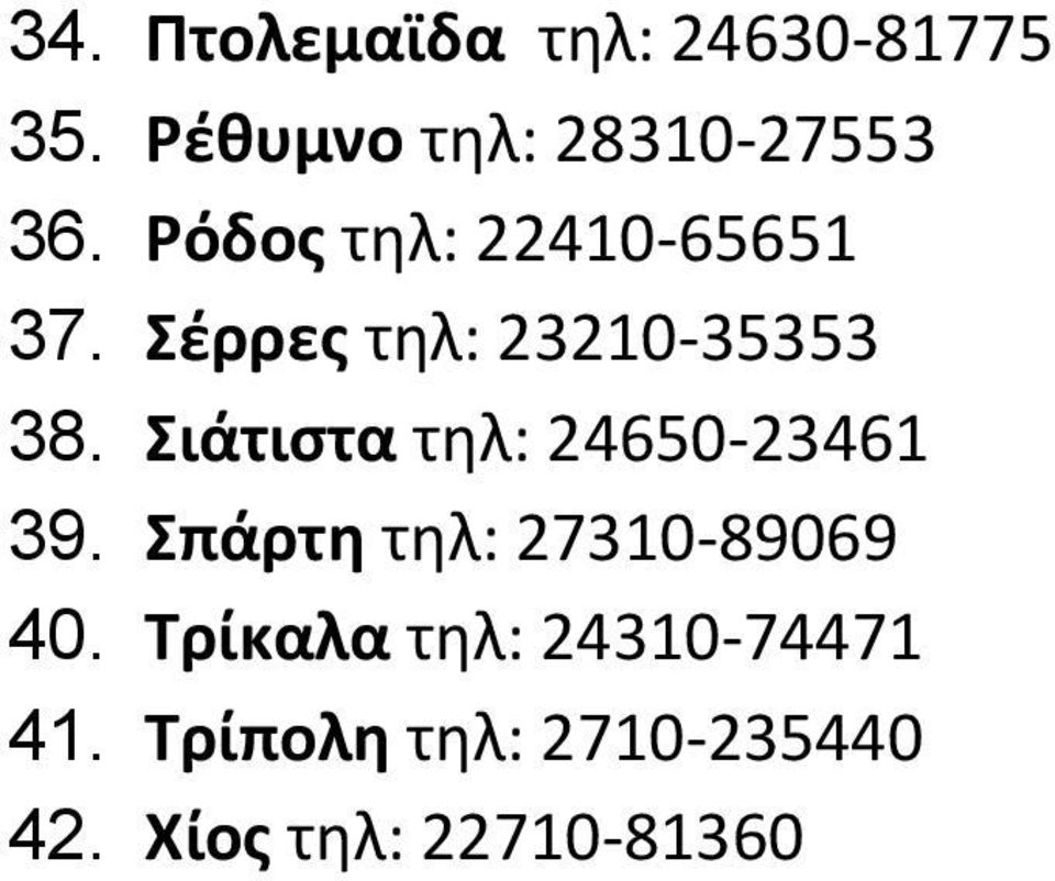 ιάτιςτα τθλ: 24650-23461 39. πάρτθ τθλ: 27310-89069 40.