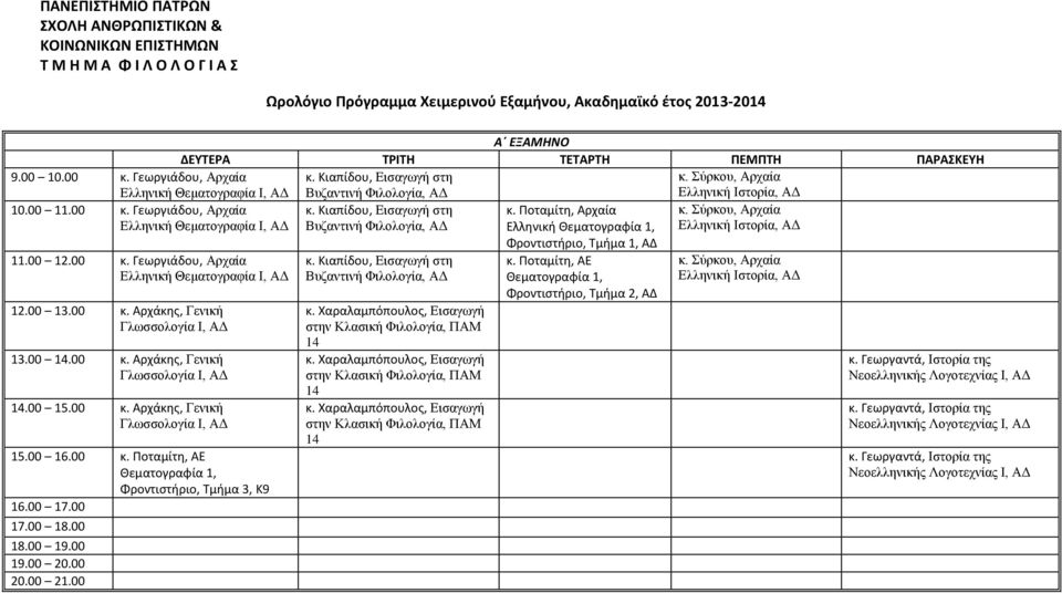 Ποταμίτη, Αρχαία κ. Σύρκου, Αρχαία Ελληνική Θεματογραφία Ι, Βυζαντινή Φιλολογία, Ελληνική Θεματογραφία 1, Ελληνική Ιστορία, Φροντιστήριο, Τμήμα 1, 11.00 12.00 κ.
