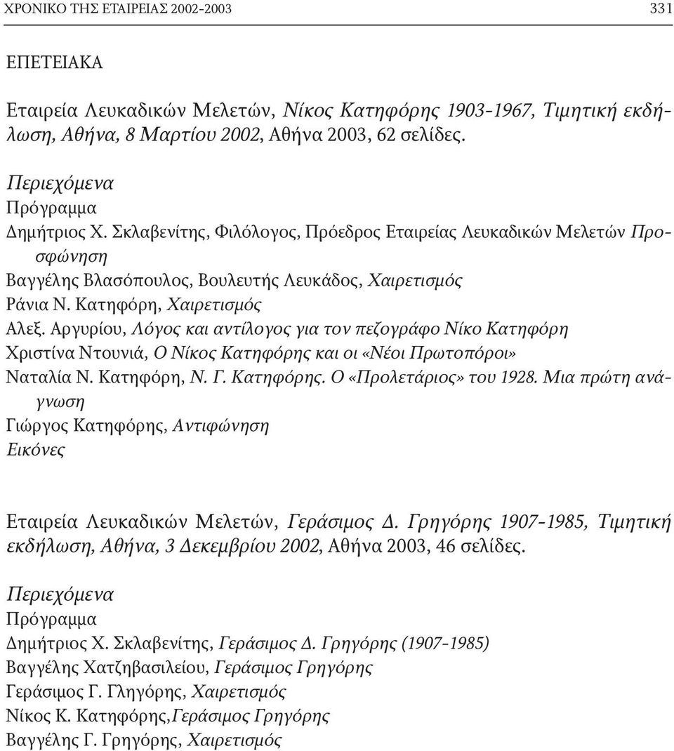 Aργυρίου, Λόγος και αντίλογος για τον πεζογράφο Nίκο Kατηφόρη Xριστίνα Nτουνιά, O Nίκος Kατηφόρης και οι «Nέοι Πρωτοπόροι» Nαταλία N. Kατηφόρη, N. Γ. Kατηφόρης. O «Προλετάριος» του 1928.