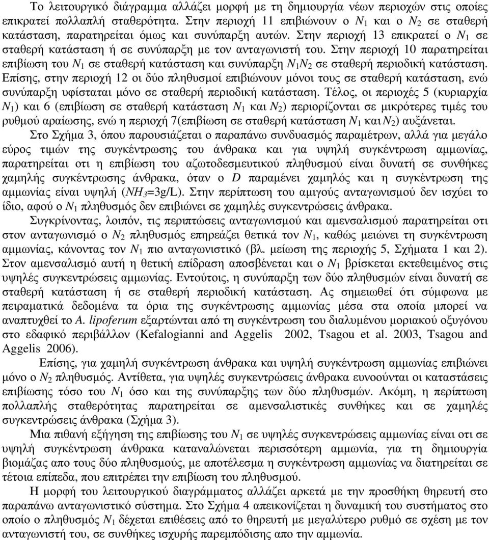 Στην περιοχή 0 παρατηρείται επιβίωση του N σε σταθερή κατάσταση και συνύπαρξη N N σε σταθερή περιοδική κατάσταση.