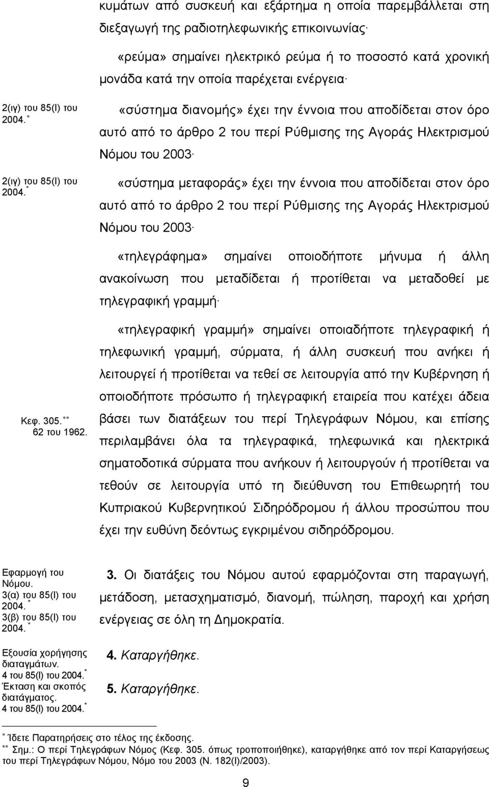 μεταφοράς» έχει την έννοια που αποδίδεται στον όρο αυτό από το άρθρο 2 του περί Ρύθμισης της Αγοράς Ηλεκτρισμού Νόμου του 2003 «τηλεγράφημα» σημαίνει οποιοδήποτε μήνυμα ή άλλη ανακοίνωση που
