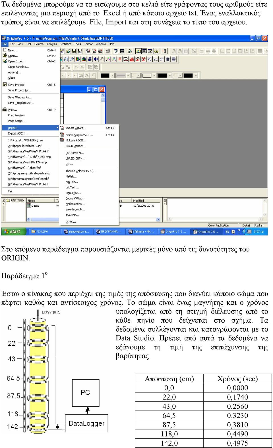 Παράδειγμα 1 ο Έστω ο πίνακας που περιέχει της τιμές της απόστασης που διανύει κάποιο σώμα που πέφτει καθώς και αντίστοιχος χρόνος.