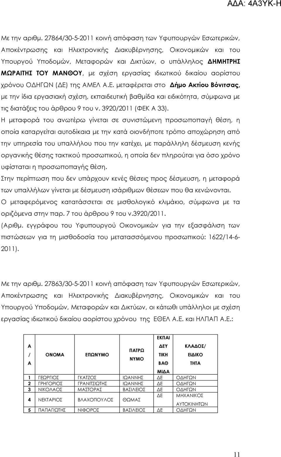 (ΔΕ) της ΜΕΛ.Ε. μεταφέρεται στο Δήμο κτίου Βόνιτσας, με την ίδια εργασιακή σχέση, εκπαιδευτική βαθμίδα και ειδικότητα, σύμφωνα με τις διατάξεις του άρθρου 9 του ν. 3920/2011 (ΦΕΚ 33).