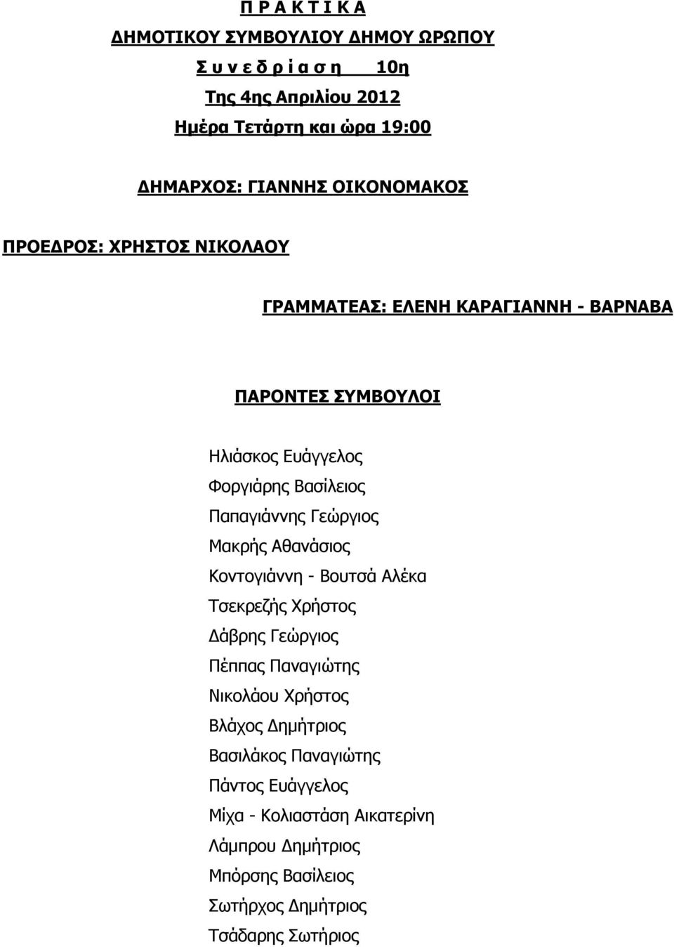 Παπαγιάννης Γεώργιος Μακρής Αθανάσιος Κοντογιάννη - Βουτσά Αλέκα Τσεκρεζής Χρήστος Δάβρης Γεώργιος Πέππας Παναγιώτης Νικολάου Χρήστος Βλάχος