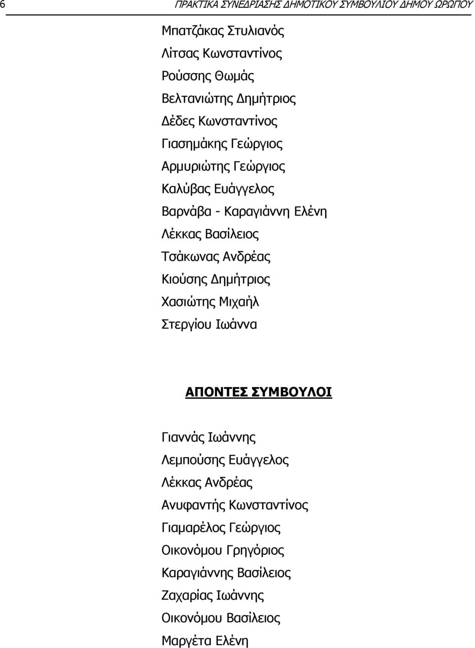 Τσάκωνας Ανδρέας Κιούσης Δημήτριος Χασιώτης Μιχαήλ Στεργίου Ιωάννα ΑΠΟΝΤΕΣ ΣΥΜΒΟΥΛΟΙ Γιαννάς Ιωάννης Λεμπούσης Ευάγγελος Λέκκας