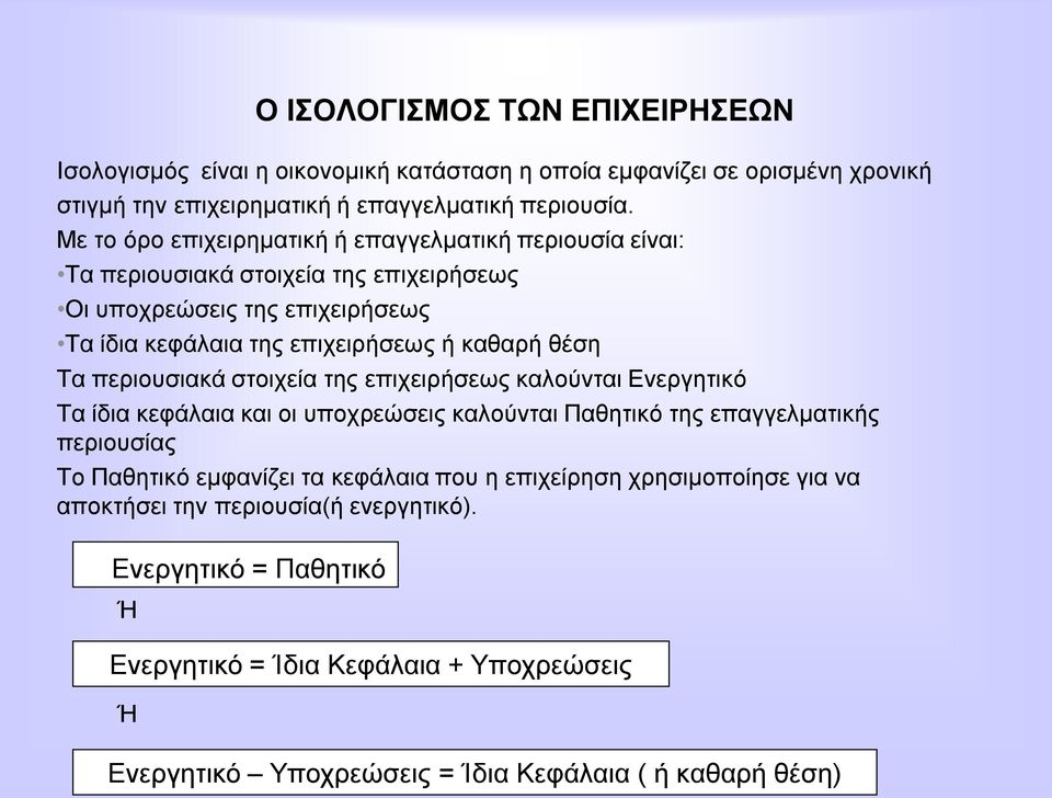 Σα πεξηνπζηαθά ζηνηρεία ηεο επηρεηξήζεσο θαινύληαη Δλεξγεηηθό Σα ίδηα θεθάιαηα θαη νη ππνρξεώζεηο θαινύληαη Παζεηηθό ηεο επαγγεικαηηθήο πεξηνπζίαο Σν Παζεηηθό εκθαλίδεη ηα