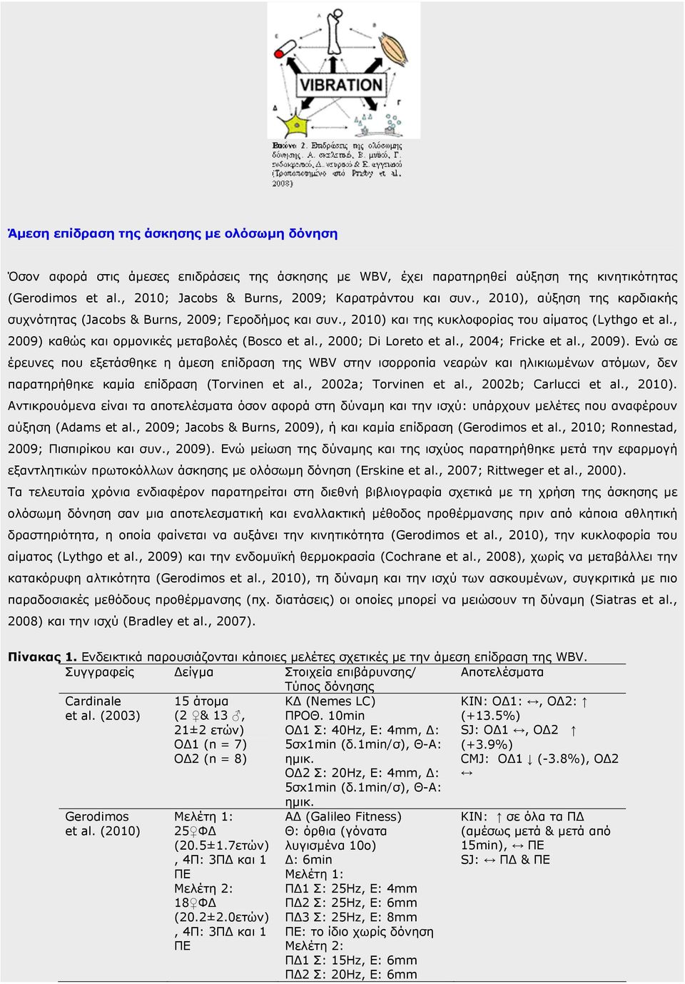 , 2009) καθώς και ορµονικές µεταβολές (Bosco et al., 2000; Di Loreto et al., 2004; Fricke et al., 2009). Ενώ σε έρευνες που εξετάσθηκε η άµεση επίδραση της WBV στην ισορροπία νεαρών και ηλικιωµένων ατόµων, δεν παρατηρήθηκε καµία επίδραση (Torvinen et al.