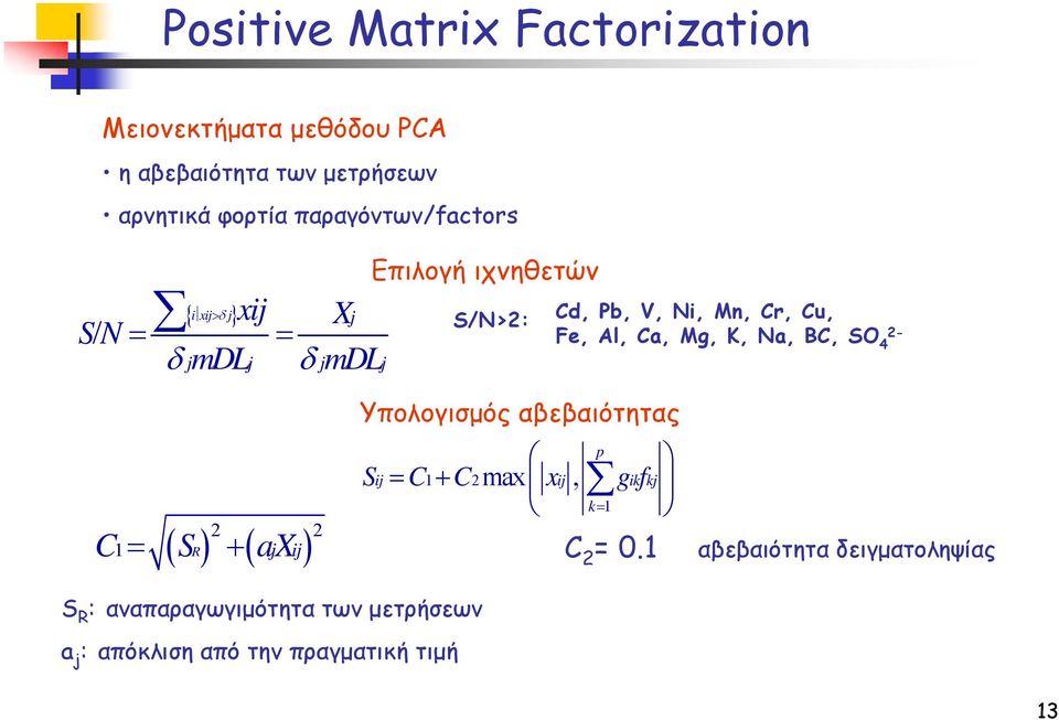 Cr, Cu, Fe, Al, Ca, Mg, K, Na, BC, SO 4 ( ) ( ) 2 2 1 R j ij Υπολογισµός αβεβαιότητας p Sij = C1+ C2max xij, gikfkj